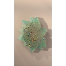 Turkuaz Lotus Çiçeği Desen Gümüş Glitterli Epoksi Bardak Altlığı Turkuaz