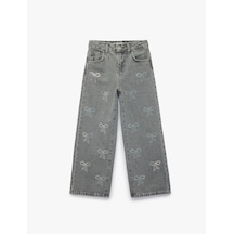 Koton Fiyonk Nakış Detaylı Pamuklu Geniş Paça Denim Pantolon Gri 7wkg40021ad