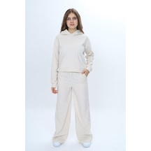 Toontoy Kids Kız Çocuk 2'li Takım Kapüşonlu Düşük Omuz Sweatshirt Bol Paça Cepli Eşofman Altı & Kadife Bej