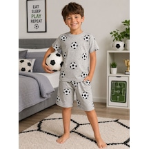 Aliş Kids Erkek Çocuk Pamuklu Gri Futbol Topu Desenli Kısa Kollu Şortlu Yazlık Pijama Takımı