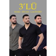 Erkek Waffle Kumaş Yakalı Kısa Kol Düğmeli Gömlek 3 Lü Set Siyah-haki-lacivert Çok Renkli