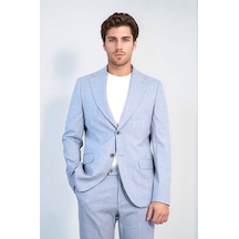 Buz Mavisi Slim Fit İki Düğmeli Keten Görünümlü Erkek Takım Elbise - Wessi Koyu Mavi
