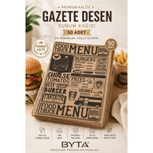Gazete Desen Sunum Kağıdı 50 Adet 35x25 Yağ Geçirmez Kraft Servis Kağıdı Burger, Fast Food, Cafe Sunum Kağıdı Karışık Desen Kendinden Desenli Vintage