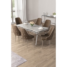 Canisa Vae Serisi 90x160 Lak Panel Beyaz Mermer Desen Krom Ayak Masa Takımı 6 Kahverengi Sandalye Beyaz Mermer Desen Masa Sandalyeler Kahve