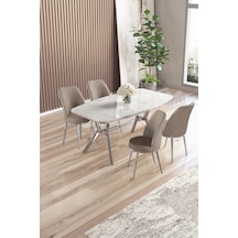 Canisa Lena Serisi 90x160 Beyaz Mermer Desen Krom Kaplama Ayaklı Masa Takımı Ve 4 Cappucino Sandalye Beyaz Mermer Desen Masa,cappucino Sandalye