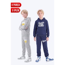 Panios Kids 3 İplik Baskılı Kışlık Kanguru Cepli Kapüşonlu Erkek Çocuk 2'li Eşofman Takımı 4 Parça Gri - Lacivert
