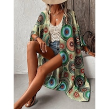 Efnaz Style Kadın Kısa Kollu Önü Açık Belden Kuşaklı Uzun Kimono Yeşil