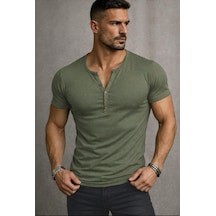 Özel Üretim Henley Yaka Düğmeli Açık Geniş Yaka Tişört T-shirt Haki