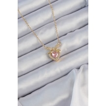 316l Çelik Zincir Altın Renk Pembe Zirkon Taşlı Fiyonklu Kalp Kolye - Tj-bko9173 Gümüş