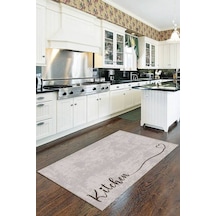 Bej Kaymaz Tabanlı Kitchen Yazılı Mutfak Halısı Yolluk Vh090n11