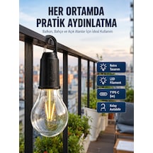 Şarjlı Dekoratif Kamp Lambası Askılı Ampul Led Işık Type-c Girişli - Lisinya Şeffaf