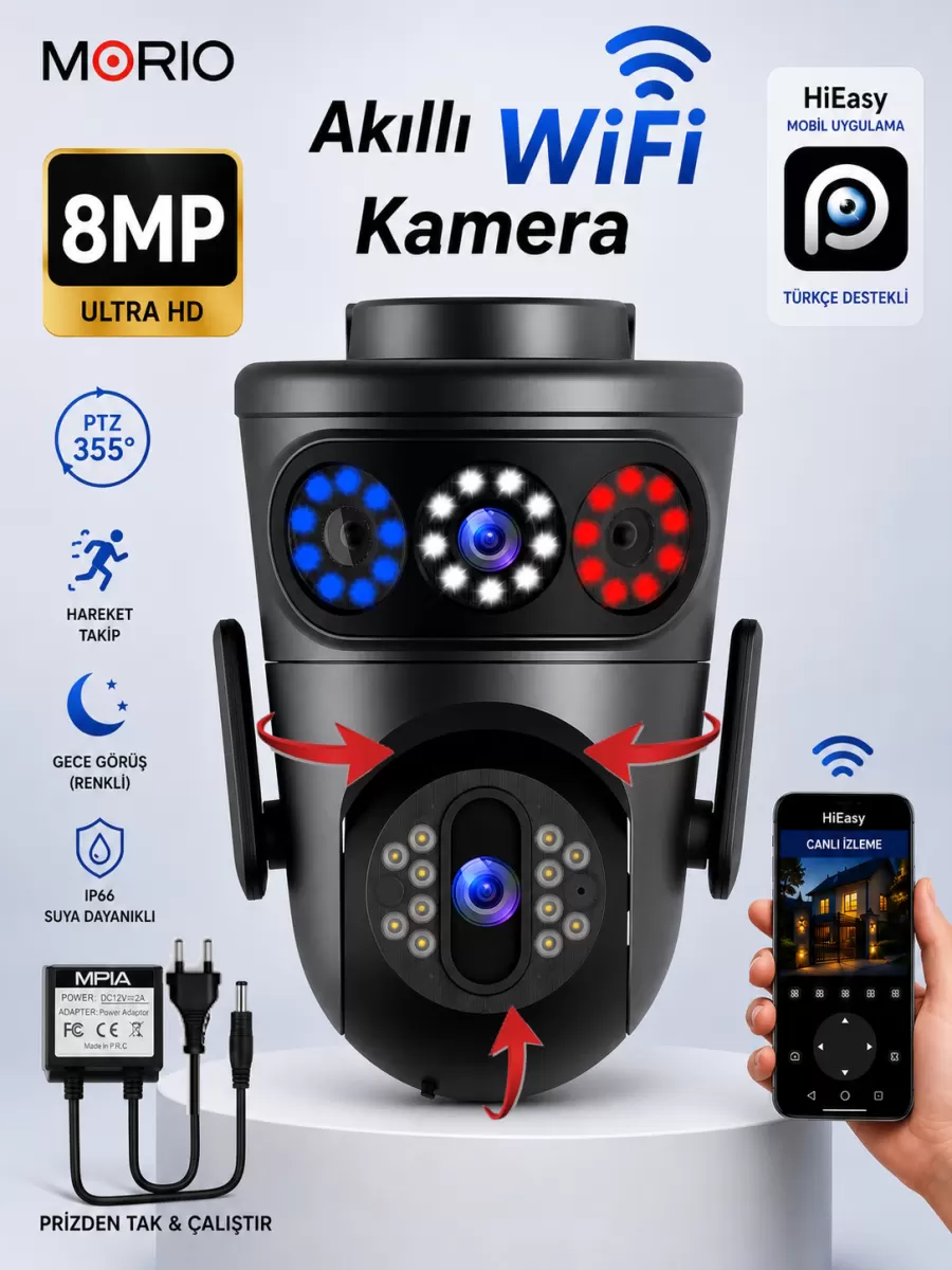 Mpia Morıo Wifi 8mp Fullhd Dual Lens Hareketli+sabit Akıllı Güvenlik Kamerası Hieasy Gece Görüş Sesli Kişi Takibi + 12v Adaptör