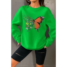 Benroma 3 İplik Penye Kelebek Baskılı Unisex Sweatshırt Yeşil