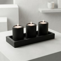 Mat Karbon Siyah Dekoratif 4lü Beton Tabaklı Mumluk Seti 3 Adet Tealight Mum Dahil Çok Renkli