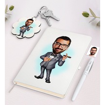 Kişiye Özel Erkek Patron Karikatürlü Beyaz Defter Kalem Ve Anahta N11.2896