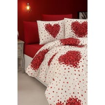 Lüks%80 Pamuklu Çift Kişilik Nevresim Takımı Seti Yorgan Kılıfı Kırmızı Kalp Desen 220x200 Cm + Lastikli Battal Boy Çarşaf 180x200x30 Cm +2 Yastık Kılıflı 50x70 Cm Diğer