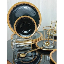 Elta Collection 6 Kişilik 24 Parça Pinkmore Siyah-gold Pasta Çay Saati Seti Siyah