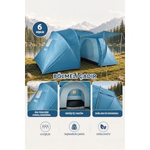Walke 6 Kişilik Çift Bölmeli Aile Kamp Çadırı Su Geçirmez Polyester 490 X 280 X 200 Mavi