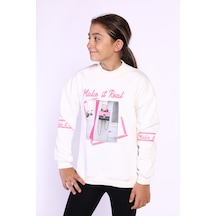 Toontoy Kız Çocuk Baskılı Taş İşlemeli Balıkçı Yaka Sweatshirt Ekru
