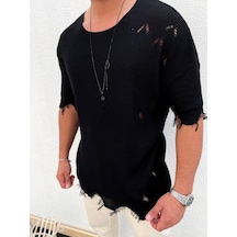 Elkumoda Yırtık Detaylı Tişört Lazer Kesim Tshirt-2684