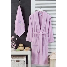 Kadın Havlulu Banyo Bornoz Takımı %100 Pamuklu Lila L-xl