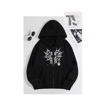 Tarzsokak Kalp Ağ Minimal Örümcek Sweatshirt Fermuarlı Hırka Siyah