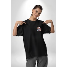 Renkli Yavru Panda Siyah Oversize Unisex Ön Sol Yan Minimal Baskılı Tişört Koyu Siyah