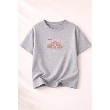 Herkesemoda No Rain No Flowers Baskı Detaylı Kadın Bisiklet Yaka Pamuklu T-shirt Gri