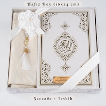 Kuran + Seccade + Tesbih Hediye Seti Hafız Boy, Ekonomik Cilt, Desenli Kutu, Beyaz