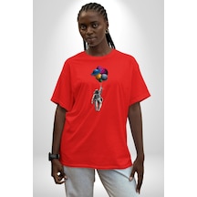 Gezegenler Balon Astronot Yükselişi Pamuklu Bisiklet Yaka Unisex Oversize Boyfriend Dijital Baskılı Kırmızı T-shirt Kırmızı