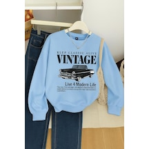 Benroma 3 İplik Penye Vıntage Baskılı Unisex Sweatshırt Bebe Mavisi