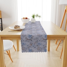 Gül Desenli Mavi Sütlü Kahve Kadife Dokulu Runner 40x180