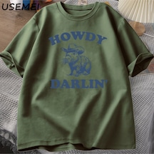 Flood Of Style Vintage 90s Komik Kapibara T Shirt Kadın Retro Y2k Estetik Sevimli Howdy Darlin T-shirt Komik Yeşil