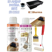 3d Ahşap Patina Seti Su Bazlı 150 Ml- Parlak Vernik 150 Ml - Boya Tavası Fırça Rulo Doku Tarağı Seti 0000 Naturel