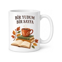Bir Yudum Bir Sayfa Kitap Ve Kahve Temalı Porselen Kupa - Sonbahar Tasarımı - Model 257