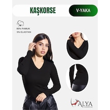 Pamuklu Kaşkorse V Yaka Body Sweatshirt, Fitilli Kumaş Likralı Bluz, Asker Yeşili Badi SIYAH
