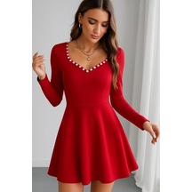 Butik İstanbul Kadın Uzun Kollu Inci Yakalı Kısa Ithal Krep Elbise Kırmızı