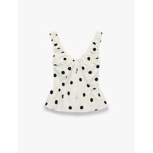 Koton Koton X Sibil Çetinkaya - V Yaka Kolsuz Fırfırlı Peplum Kesim Puantiyeli Poplin Bluz Beyaz Desenli 6sak30076uw