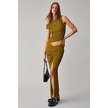 Grımelange BONIA Kadın Slim Fit Örme Yırtmaç Detaylı Yeşil Etek