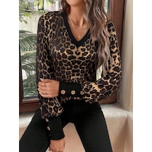 De'charme Kadın Uzun Kollu V Yakalı Desenli Süprem Bluz Leopar