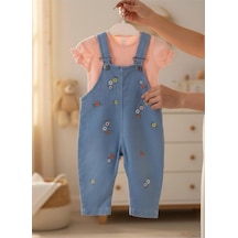 Altıntaş Baby Renkli Çiçek Nakışlı Kot Görünümlü Örme Kumaş Yazlık T-shirt 2li Salopet Set Pembe Yazlık Çiçek Pembe Yazlık Çiçek