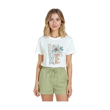 Kadın Beyaz Relaxed Fit %100 Pamuk Tişört Love Harfli Çiçek Bas Beyaz