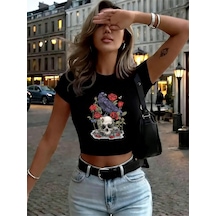 Noıssey Kafatasları Baskılı Güller Kadın Kırpma T-shirt Yaz Yüksek Elastik O-boyun Üstleri Sokak İnce Siyah