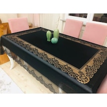 Çini Desenli Dertsiz Leke Tutmaz Dantelli Masa Örtüsü Siyah