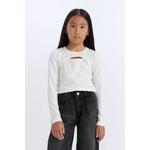 DeFacto Kız Çocuk Slim Fit Dar Kesim Bisiklet Yaka Parlak Kumaş Fitilli Kaşkorse Uzun Kollu Tişört D5419A824WNER118 Ekru