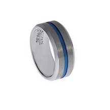 Erkek Mavi Çizgi Detay Gümüş Renk Tungsten Yüzük Silver