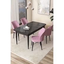 Canisa Arp Serisi, 71x110 Sabit Mutfak Masa Takımı, Siyah Mermer Desen Masa 4 Pembe Sandalye Masa Siyah Mermer Desen Sandalye Pembe