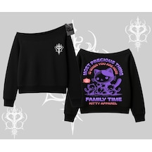 Family Time Yazılı Sevimli Anne Kedi Arka Baskılı Kayık Yaka Sweatshirt Siyah