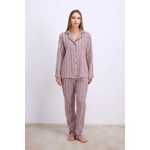 Pamuklu Uzun Kol Düğmeli Gömlek Ve Ekose Pantolon Pijama Takımı Kırmızı