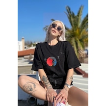 Blackjack Giyim Blackjackgiyim Kadın Siyah Satürn Baskılı Tshirt Siyah